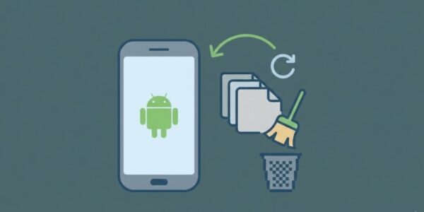 Vector graphic illustration featuring an Android smartphone, files, and a broom cleaning to showcase clearing cache on Android.