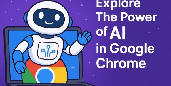 Illustration of a laptop with the Chrome browser logo, featuring an AI robot sitting on it, showcasing and explaining the new AI features.
