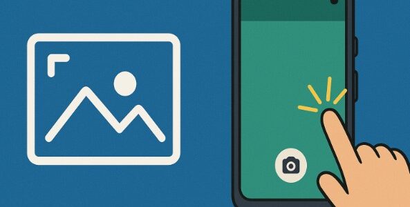 Illustration showing a smartphone with a user's hand clicking on it to take a screenshot, with a photo icon beside it.