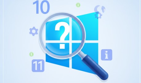 **Alt text:** Illustration of a magnifying glass over the Windows logo with a question mark, symbolizing troubleshooting, system analysis, or identifying issues in Windows 10 and Windows 11.