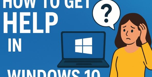 Illustration of a confused woman with question marks, pondering how to get help with Windows 10, with a Windows PC behind her displaying a blue screen and the Windows logo.
