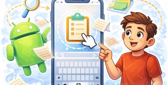 An illustration of a smiling boy pointing at a smartphone screen that shows a clipboard checklist being clicked by a cursor. To the left is a large green Android mascot, and the background features floating paper and magnifying glass icons.