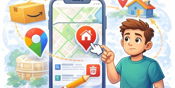 An illustration of a pensive boy pointing at a smartphone screen displaying a map with a red house icon. A cursor is shown clicking the house icon, while background elements include an Amazon box, a Google Maps logo, a physical house, and a red trash can icon.