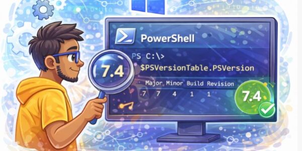 An illustration of a man with glasses holding a magnifying glass to a computer screen displaying a Windows PowerShell terminal. The screen shows the command $PSVersionTable.PSVersion and identifies version "7.4". A green circular badge with "7.4" and a white checkmark is featured on the right side of the monitor.