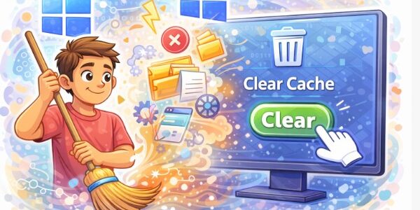 An illustration of a smiling boy holding a broom, sweeping away digital clutter like folders and error icons. To his right, a computer monitor displays a large trash bin icon with a green "Clear" button being clicked, labeled "Clear Cache.