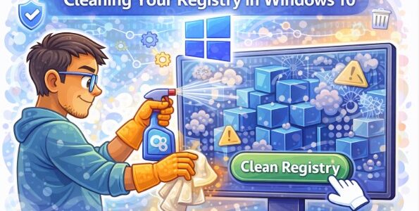 A digital illustration showing a man in glasses using a spray bottle and cloth to "clean" a computer monitor. The screen displays blue 3D blocks (representing registry entries), warning triangles, and a large green "Clean Registry" button being clicked.