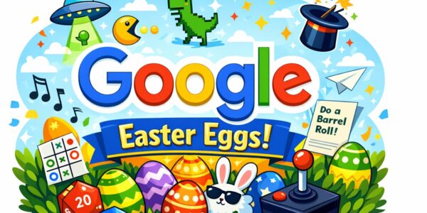 Vector graphic thumbnail showing Google Easter Eggs with colorful icons like dinosaur, Pac-Man, UFO, magic hat, joystick, and Easter eggs around the Google logo
