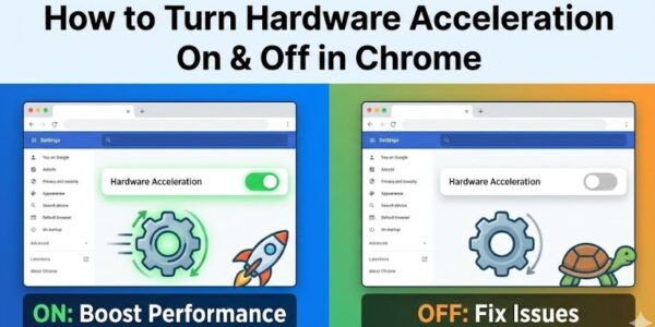 Illustration showing two windows: one with hardware acceleration on, displaying a rocket taking off, and the other with hardware acceleration off, showing a turtle moving.