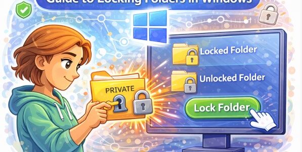 An illustration of a smiling girl using a gold key to lock a yellow folder labeled "PRIVATE". To her right, a computer monitor displays "Locked Folder" and "Unlocked Folder" icons next to a large green "Lock Folder" button being clicked. A blue Windows logo and a green shield icon are also visible in the background.