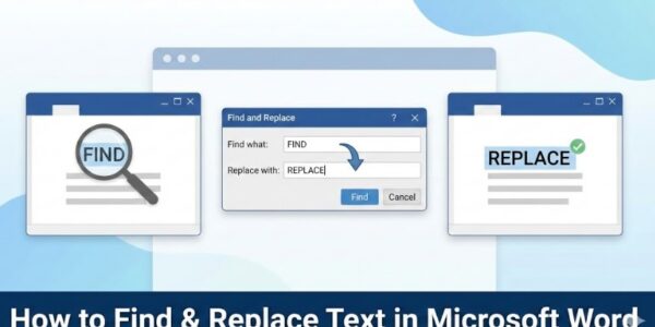 An instructional graphic titled "How to Find & Replace Text in Microsoft Word." The central panel shows a "Find and Replace" dialog box with an arrow pointing from the "Find what" field to the "Replace with" field. Side panels illustrate a magnifying glass highlighting the word "FIND" on a document and a green checkmark next to the word "REPLACE" to show a successful update.