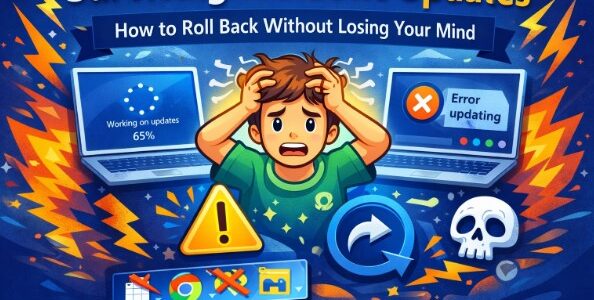 An illustration titled "How to Roll Back Without Losing Your Mind" featuring a stressed boy clutching his head in frustration. To his left, a laptop screen shows a slow "Working on updates 65%" progress circle, and to his right, another laptop displays a red "Error updating" message. The scene is filled with chaotic elements including yellow lightning bolts, a large yellow warning triangle, a blue "undo" arrow, and a skull icon, all set against a vibrant blue background.