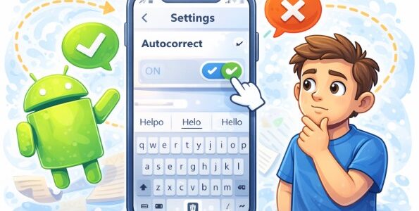 An illustration of a pensive boy looking at a smartphone screen displaying the "Autocorrect" setting toggle being switched to "ON." A large green Android mascot waves on the left, and a red "X" speech bubble appears on the right, contrasting with a green checkmark bubble.