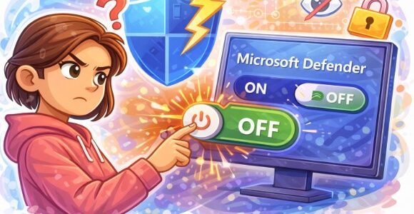 An illustration of an annoyed person pressing a large green "OFF" power button next to a monitor. The screen shows Microsoft Defender settings with toggles for "ON" and "OFF"