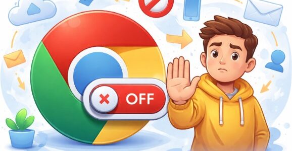 Illustration showing a man making a stop hand gesture, with a large Chrome logo featuring a "Turn off Sync" toggle beside him. The background features email messages stopping from going to other devices.